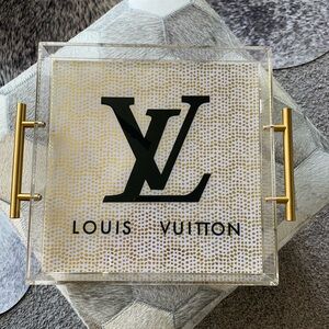 Designer Inspired Custom Made Acrylic Tray with Black Logo and Gold Accents